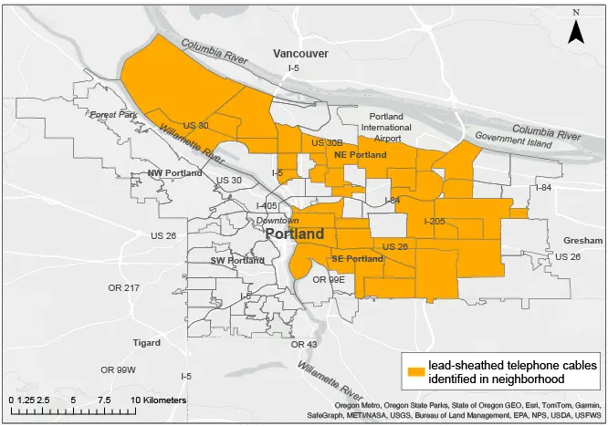Map showing lead sheathed telephone cables identified in neighborhoods
