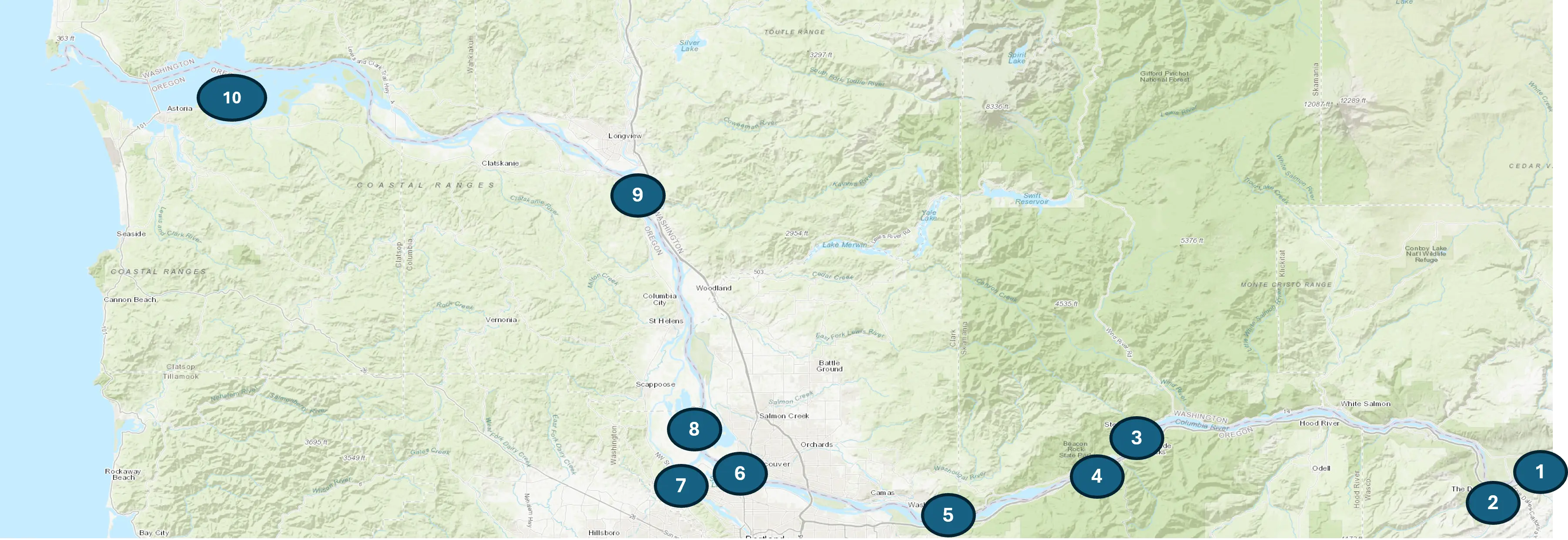 Map of the lower 170 miles of the Columbia River with 10 markers noting the sampling locations